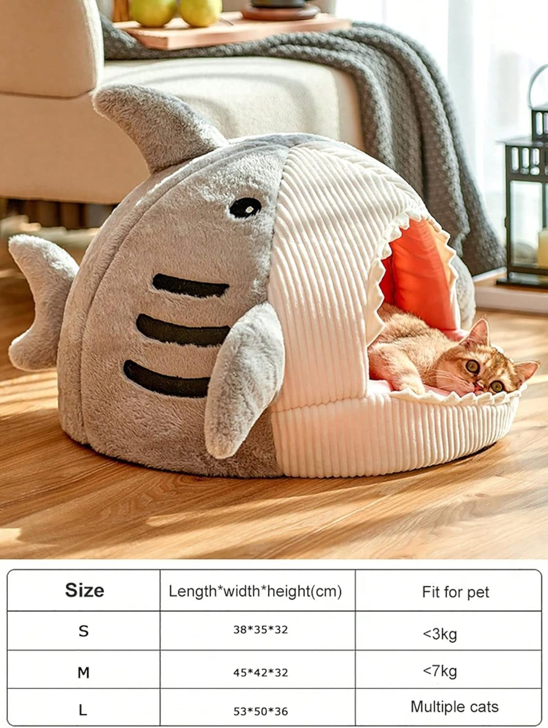 Cat Mat Shark-Shaped Kennel Kitten Bed Hideout House Warm Soft Comfortable Semi-Closed Cat Dog Nest Grey Small