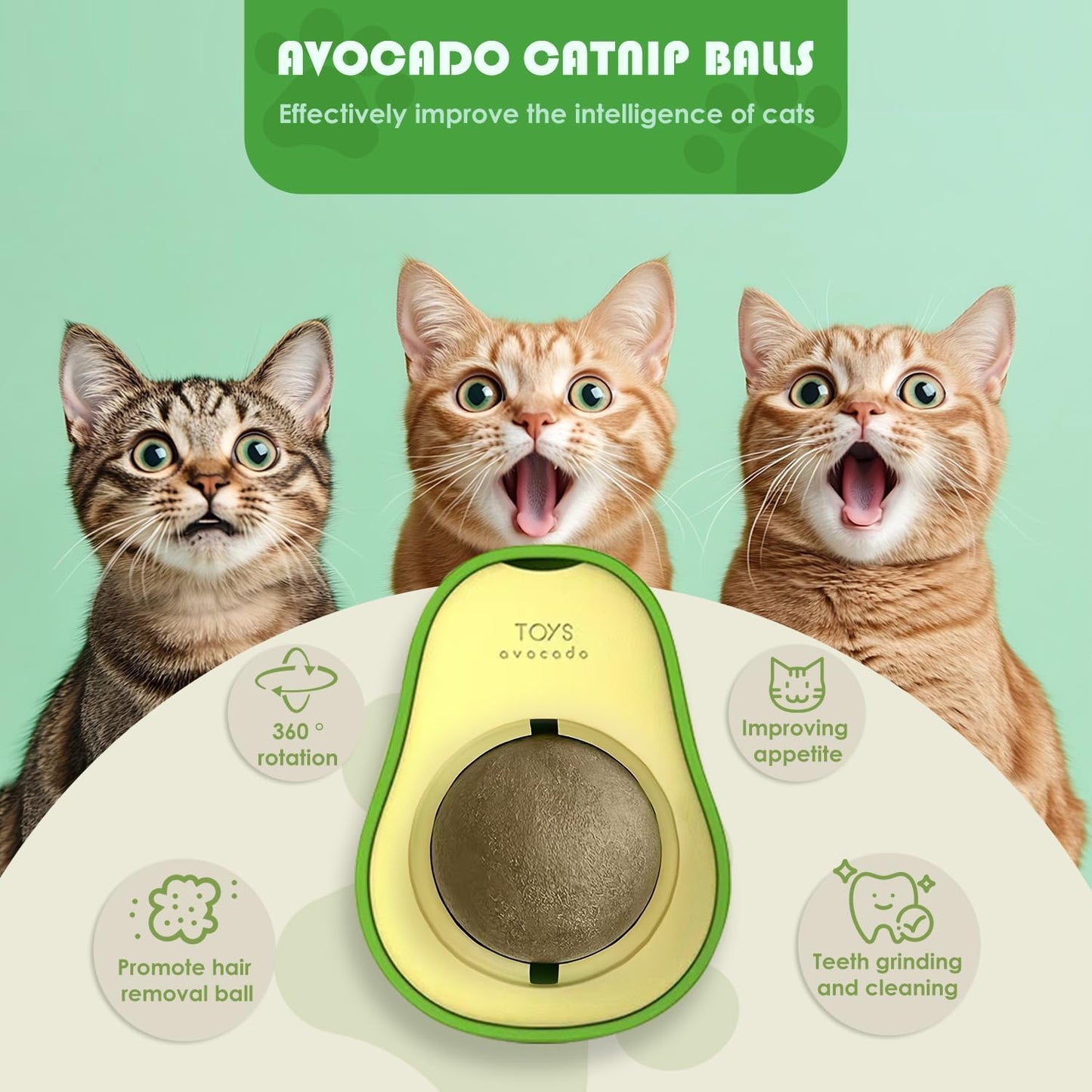 Cat Nip Ball, Catnip Wall Balls Snack Teeth Washing Healthy Rotatable Treats Toys, Kitten Playing Toy for Indoor, Cats Soothing Catnip (Avocado)