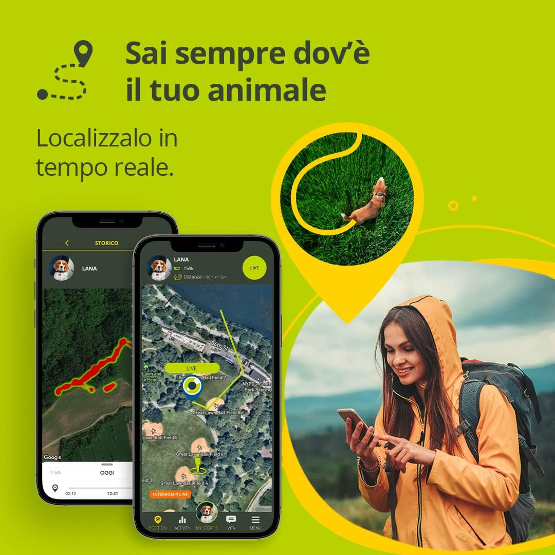 EVO | GPS per Cani - Localizzatore per Cani E Gatti Impermeabile Con GPS per Collare - Tracker Di Attività E Salute Del Tuo Cane, Con Recinto Digitale E Notifiche - Colore Giallo Fluo