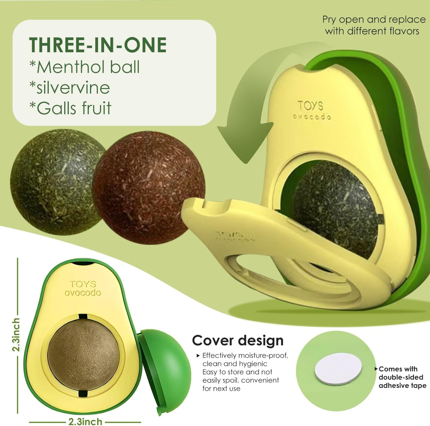 Cat Nip Ball, Catnip Wall Balls Snack Teeth Washing Healthy Rotatable Treats Toys, Kitten Playing Toy for Indoor, Cats Soothing Catnip (Avocado)